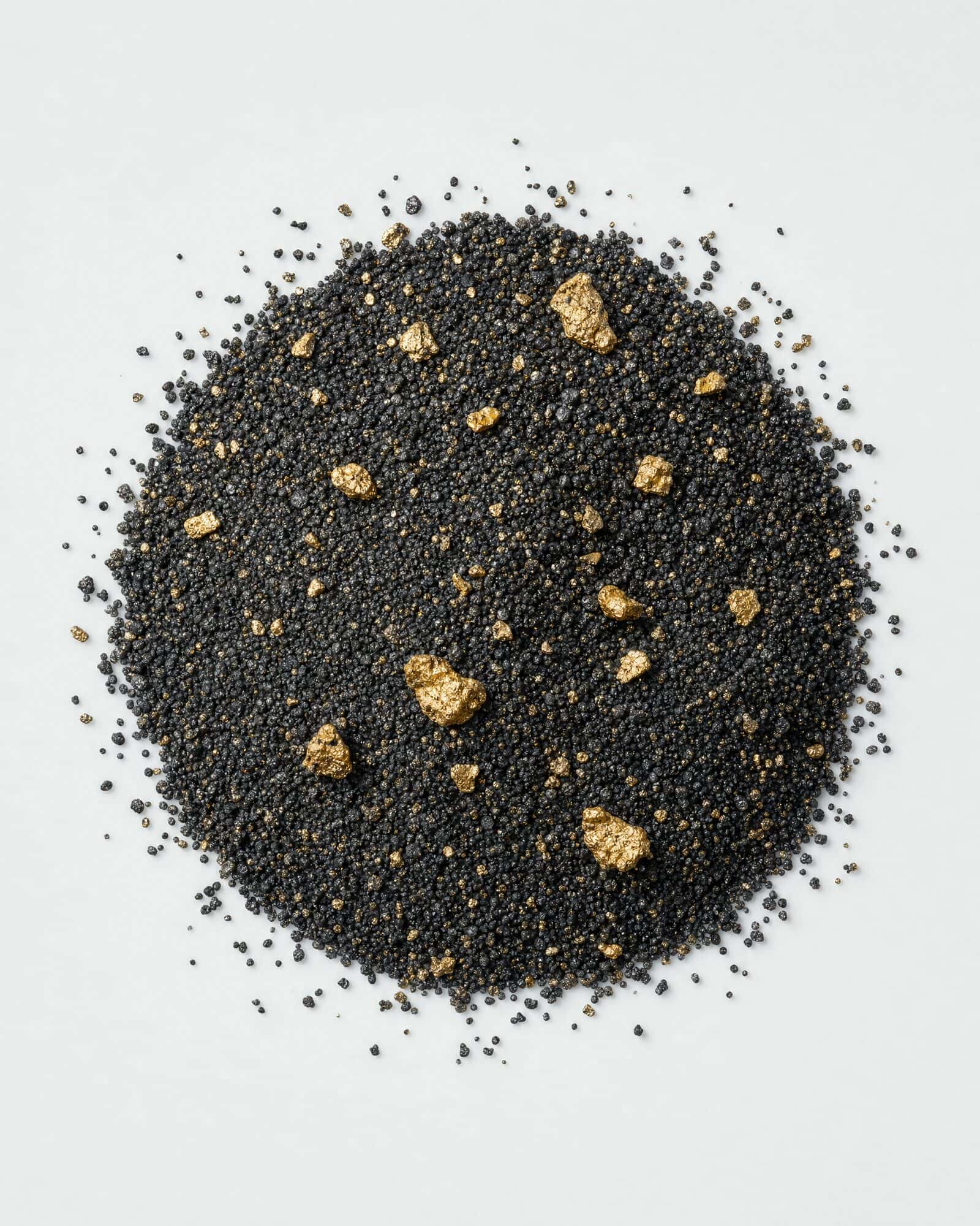 Black sand with gold flakes and small nuggets on a white surface