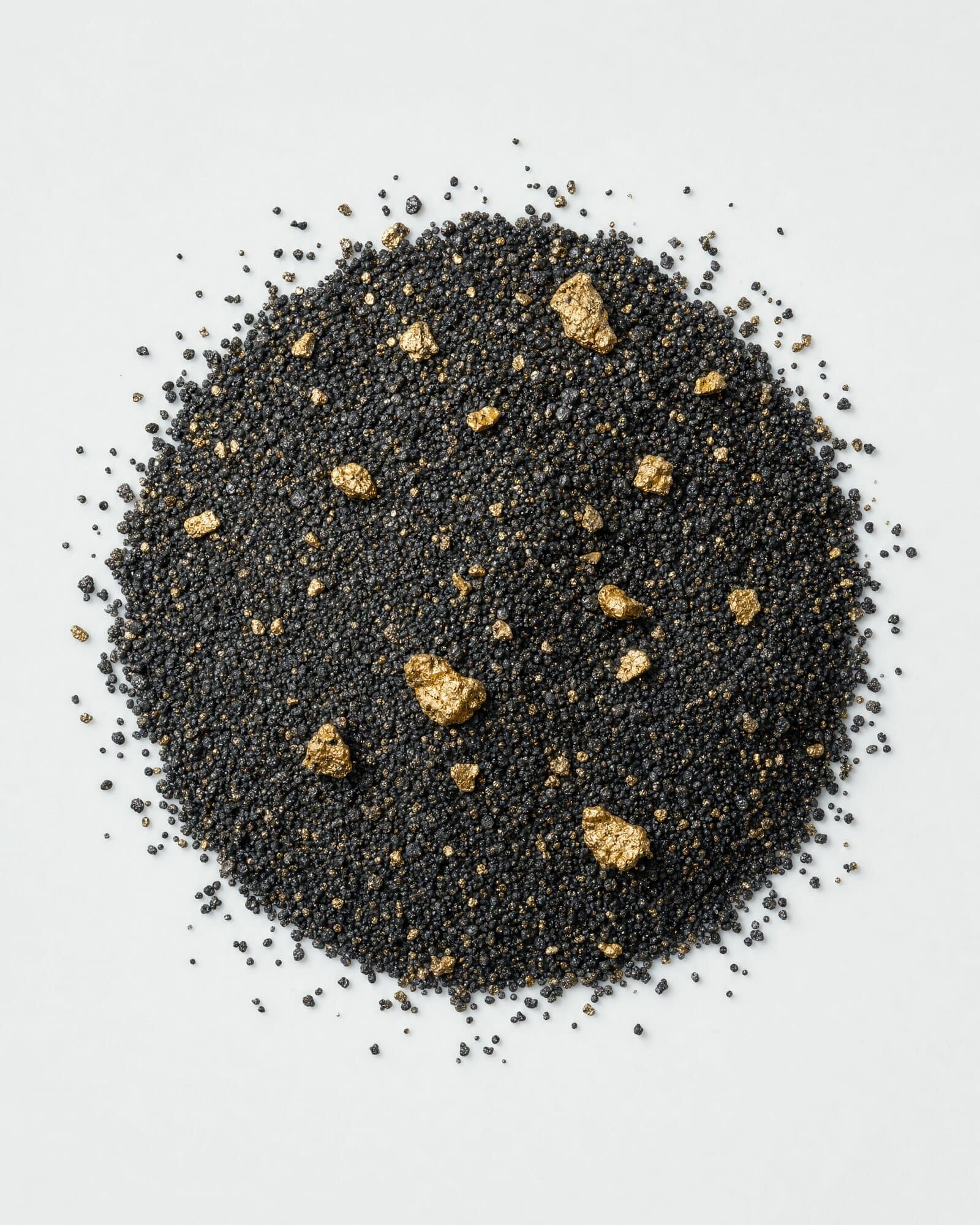 Black sand with gold flakes and small nuggets on a white surface