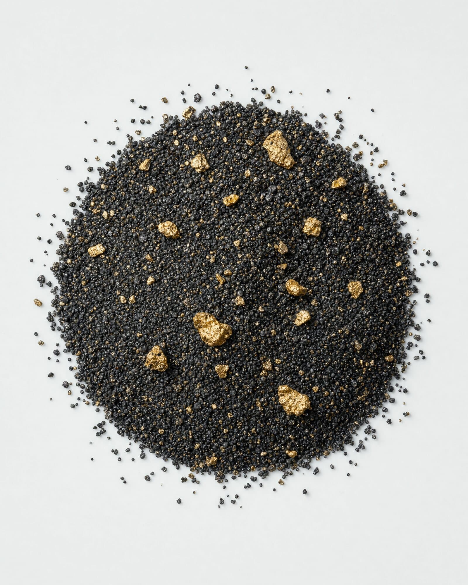 Black sand with gold flakes and small nuggets on a white surface